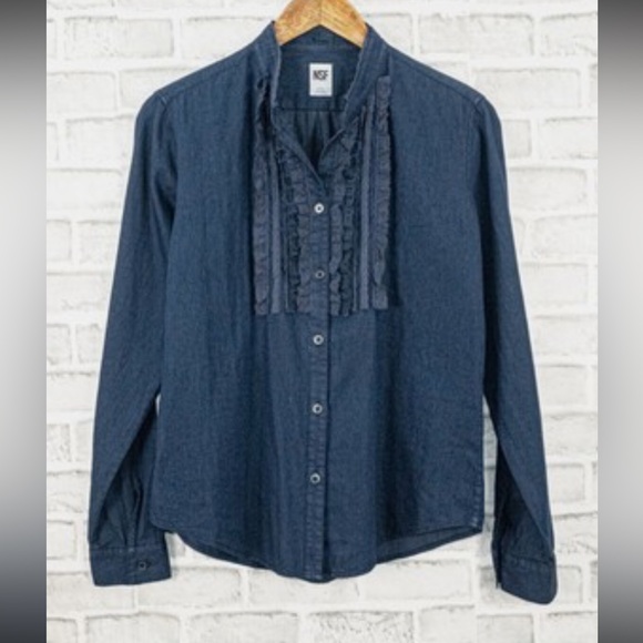NSF Ruffle Front Denim Button Up Shirt - Picture 1 of 5